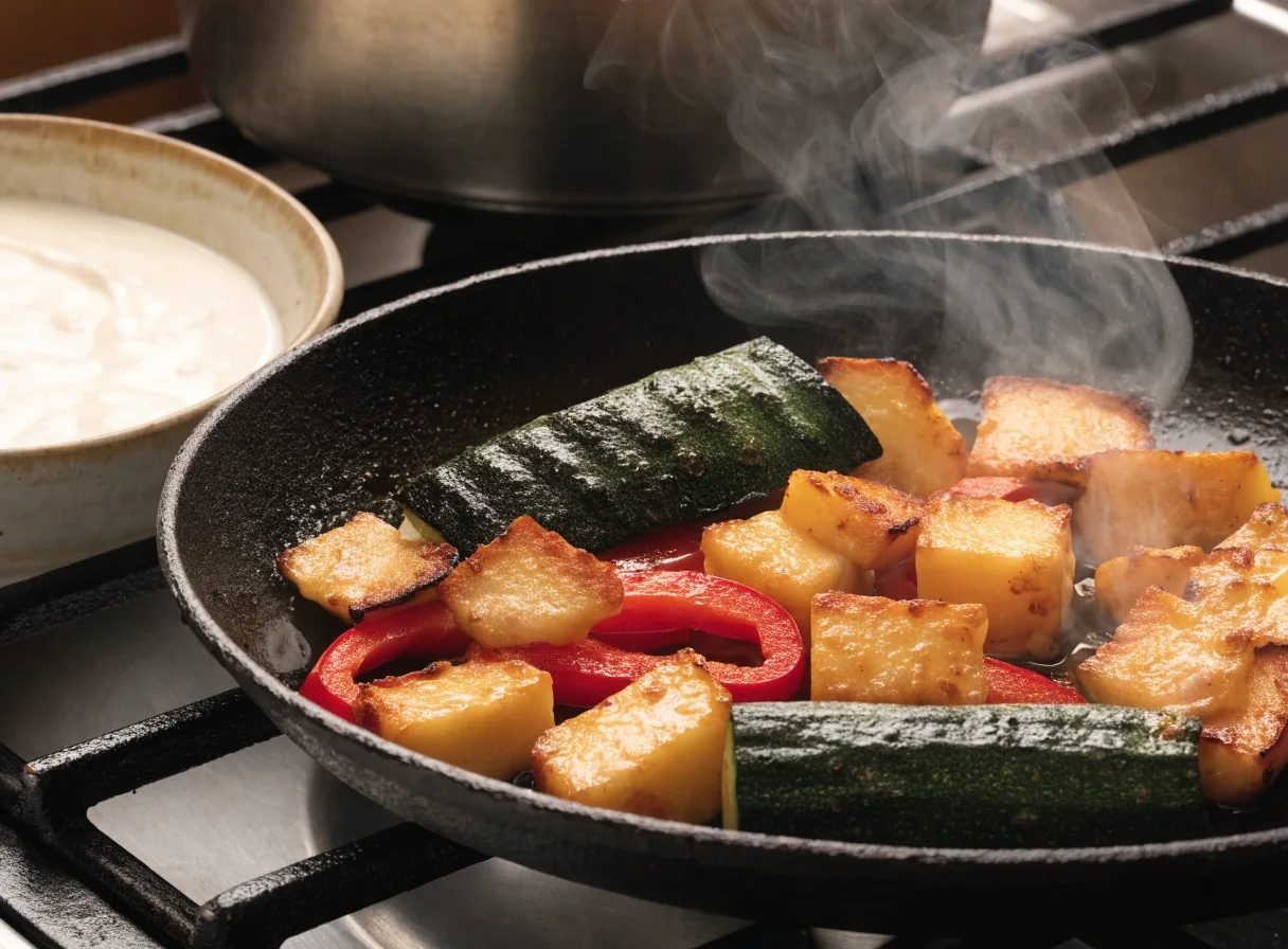 Patelnia grillowa z cukinią, papryką i serem, obok miseczka jogurtu naturalnego