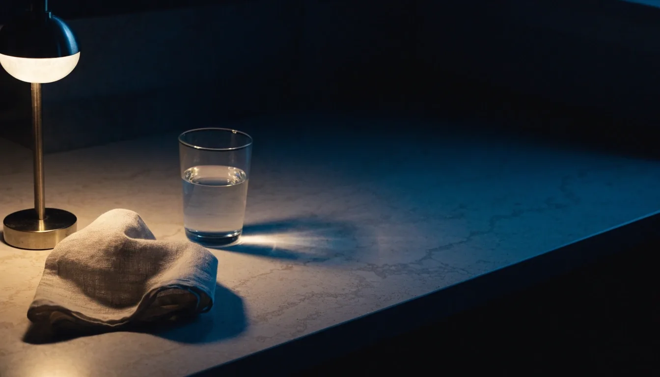 Cichy blat kuchenny nocą: złożona lniana ściereczka i szklanka wody w świetle jednej lampy